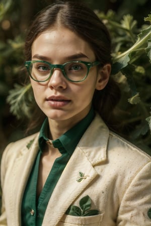((best quality)), ((upperbody shot)), ((masterpiece)), ((detailed)), ((4K)), modern portrait man 23 years old with a masculine face and glasses, dressed in an outfit entirely made of cauliflower. His appearance is unique: the suit, meticulously assembled from the white and green florets of cauliflower, includes a jacket, trousersї, green and white colors,Ultra details++ 