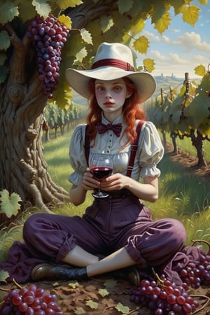 A drunk girl with a white hat and a glass of red wine in her hands, in red suspenders, sits in the orchard full of ripe red grapes on the trees and holds a large bowl full of grapes. All around are greenery and fallen grapes scattered. Style of Michael Cheval, rendered in the surreal style of Ute Mahler, the expressive brushwork of William J. Glackens, and the whimsical fantasy touch of Brian Froud, there is a sense of fluidity and dynamism, ambient lighting, intricate patterns on the spaces, surreal backdrop, Style of Michael Cheval, extremely detailed, intricate, oil on canvas, beautiful, dynamic lighting, wallpaper, award winning, fantastic view, ultra detailed, crisp quality, hdr, very cute, surreal, anatomically correct, Amethyst, Movie Still