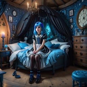dark and eerie emo style, a street girl with blue hair and sparkling eyes wearing an Alice in Wonderland dress and black dressing shoes with blue laces sitting on a wooden bed in a whimsicle bedroom of spherical home, the girl's rough character and style strongly contrasts with the whimsical and sweet style of the bedroom, hyperrealistic, 8K UHD,
