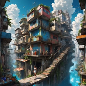  A complex favela alley with many steps and elevation changes, beside a stretch of crystal clear blue water. Vendors selling milk, vegetables, hardware and daily necessities on foot. Mutant tropical jungle cyberpunk inner city. Beautiful blue sky with cumulonimbus clouds. Perspective of a girl in white flying high in the sky on angel wings, intricate masterpiece, ultra detailed, 4K, 3D, colourful complex, asymmetrical, dynamic mysticism, Vivid, disorderly, Dense, Blue sky with clouds, highres, extremely detailed, intricate, oil on canvas, beautiful, dynamic lighting, wallpaper, award winning, fantastic view, ultra detailed, crisp quality, surreal