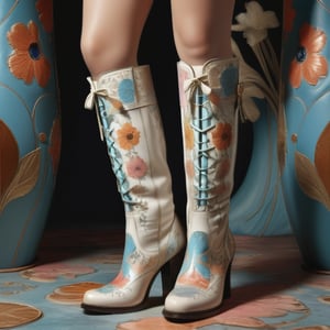 these surrealistic looking knee-high, laced boots with a floral pattern etched into the leather suggests an appreciation for craftsmanship and a character that values vintage charm and artistic details, they reflect confidence and a methodical approach to fashion, indicating a bold personality with a timeless taste. What do you think these boots look like? hyperrealistic, 8k uhd, 1960s style, earthy elegance, sturdy, laced, and etched with patterns that speak of journeys taken and paths yet to tread, pastel poetics, vibrant vivacity, showcasing, optical illusion, hallucination, dreamscape