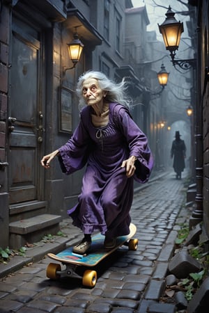In the shadowed alleys of a forgotten cityscape, there glides a figure that defies the veil of time—a silver-haired matron atop a weathered skateboard, her countenance etched with the melancholy of years past. With each silent glide, she navigates the cobblestone streets like a specter haunting the twilight. Beneath the flickering gas lamps, her presence evokes whispers of bygone eras and lost youth. The creak of aged wheels echoes through the deserted corridors, a mournful requiem for dreams deferred and passions extinguished. In this spectral apparition of defiance, the elderly lady on a skateboard becomes a symbol of existential unrest—a reminder that even in the shadows of twilight, the spirit of rebellion and longing persists, seeking solace in the echoes of forgotten melodies., rendered in the surreal style of Ute Mahler, the expressive brushwork of William J. Glackens, and the whimsical fantasy touch of Brian Froud, there is a sense of fluidity and dynamism, ambient lighting, intricate patterns on the spaces, surreal backdrop, Style of Michael Cheval, extremely detailed, intricate, oil on canvas, beautiful, dynamic lighting, wallpaper, award winning, fantastic view, ultra detailed, crisp quality, hdr, very cute, surreal, anatomically correct, Amethyst, Movie Still