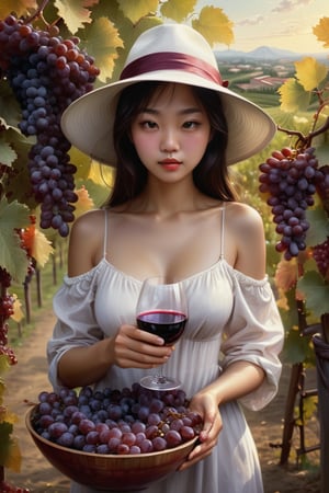 The scent of a mystical woman - an enigmatic chinese girl with a white hat and a glass of red wine in her hands sits unashamed in an orchard full of ripe red grapes on the vines. She holds a large bowl full of grapes, extremely detailed, intricate, oil on canvas, beautiful, dynamic lighting, wallpaper, award winning, fantastic view, ultra detailed, crisp quality, hdr, very cute, surreal, dreamy, Amethyst, Movie Still