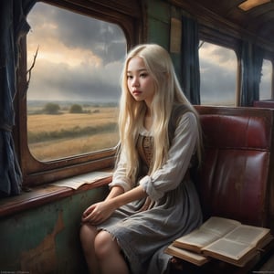 create an oil painting on cracked canvas: serene scene in an old-fashioned train compartment: an unearthly beautiful asian girl of 17 years with long platinum blonde hair with seductive beautiful soft facial features, is sitting old-fashioned train compartment. She is looking out of the window. An old book is slipping from her hands. She has put her bare feet on the opposite seat. The girl is dressed in simple torn and ragged adventurer's clothes under which her body shapes stand out clearly and in detail. Her beautiful face shows an expression of thoughtfulness. Outside the window lies a rural, medieval landscape. Dramatic sky. Misty morning twilight, Ultra detailed background!!! The scene has a sultry, oppressive atmosphere. :: dramatic scene :: frightening atmosphere. The scene is imbued with a sense of urgency and danger. Painted by michael Kormack, Greg Rutkowski, style by Zettel 