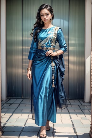 beautiful chubby cute young attractive girl indian face like kiara advani, teenage girl,village girl,18 year old,cute, instagram model,long black hair, indian blue kurta salwar from rajasthan, full body with environment, muslim dress, standing looking at her dress, flaunting the dress, dress unchanged