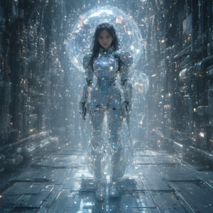 A futuristic warrior stands poised on a sleek platform amidst mechanical components, framed by polished chrome, matte aluminum, and carbon fiber panels. Her raven-black hair falls down her back as volumetric lighting highlights iridescent ceramic plates on her suit. Reactive materials shift between pearlescent white and obsidian black, creating dynamic light play on the crystalline visor displaying shifting hexagonal patterns while maintaining clarity from within. The subject's confident pose fills the frame against a backdrop of industrial elegance, with exposed machinery and pipes adding texture to the composition.