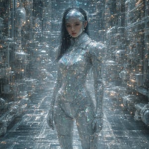 A futuristic warrior stands confidently on a sleek platform amidst mechanical components, framed by polished chrome, matte aluminum, and carbon fiber panels. Her raven-black hair falls down her back as volumetric lighting highlights iridescent ceramic plates on her suit, reacting to movement with dynamic light play between pearlescent white and obsidian black. The crystalline visor displays shifting hexagonal patterns while maintaining clarity from within, as the subject's confident pose fills the frame against a backdrop of industrial elegance, with exposed pipes and machinery in the shadows.