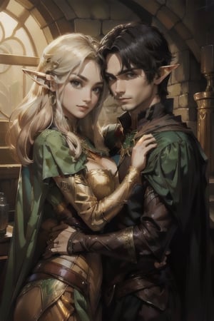 a male elf (pale skin, brown eyes, short black hair) with a mocking look in the face and wicked smile, hugging a female elf (blonde, green eyes, big_breasts), wearing long golden dress, highres, detailed