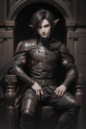 a male elf (pale skin, brown eyes, short hair, black hair), wearing leather black clothes, with a mocking look and mischievous smile, sitting on a throne
