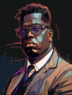 (head and shoulders portrait:1.2), anthropomorphic (cyberpunk:1.3) Biggy Smalls old school emcee,notorious BIG, Rapper Biggie, (outline sketch style:1.5), gritty fantasy, (art by Syd Mead:1.8), dark muted background, muted colors, detailed, 8k