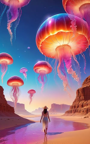 (best quality,8K,highres,masterpiece), ultra-detailed, (surreal landscape with luminescent jellyfish), a surreal landscape where giant, luminescent jellyfish float gracefully through a desert of shimmering, rainbow-colored sands. The jellyfish glow softly, casting an ethereal light that illuminates the colorful sands below. Each jellyfish drifts through the air with a sense of weightlessness, their translucent bodies creating a mesmerizing display against the vast desert backdrop. Feel free to add your own creative touches to enhance the dreamlike beauty and otherworldly charm of this enchanting landscape.