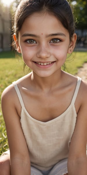 (high resolution), (best quality), (ultra-detailed), ((photo realistic)), perfect anatomy, Textured skin,full_body, 10yo, Indian girl, cute baby face, smile, ((detaled eyes)), sunlight, lens flare, looking at viewer, by david dubnitskiy,