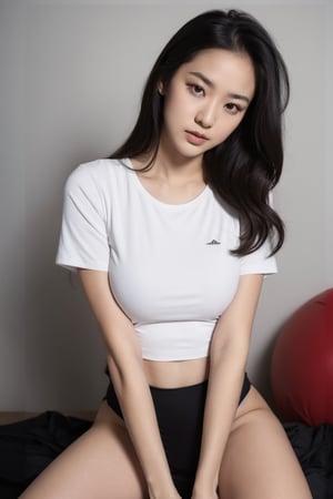 beautiful Asian female, 24 year old asian girl, asian model, korean model, tight t shirt over big boobs, crew neck cotton t shirt, red lips, silky black hair, beautiful face, perfect face, hazel greenish eyes, super large boobs, EE boobs, elegant but simple, perfect girlfriend, instagram model, bold red lips, lipstick,Young beauty spirit ,Extremely Realistic,Perfect lips, ((sexy shiny dark red lips)),Lipstick, calvin klein, calvin klein underwear, calvin klein model, underarmor sports bra, underamor sports outfit female, under armor female model, slightly chubby, kneeling hands on thighs, korean model, korean underwear model, perfect korean model, korean instagram model, korean influencer,Extremely Realistic, beautiful pose, elegant pose, seductive look, palpable seduction, biting lip,xxmix_girl, (red lips), ((seductive red lips)), 
