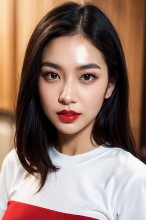 beautiful Asian female, 24 year old asian girl, asian model, korean model, tight t shirt over big boobs, crew neck cotton t shirt, red lips, silky black hair, beautiful face, perfect face, hazel greenish eyes, super large boobs, EE boobs, elegant but simple, perfect girlfriend, instagram model, bold red lips, lipstick,Young beauty spirit ,Extremely Realistic,Perfect lips, dark red shiny bright red lips, make up, ((bold red lips)),Lipstick