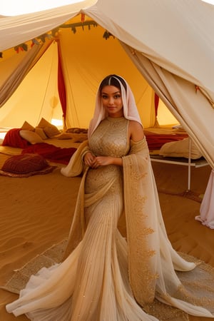 arabian woman, wide eyes, eye shadow, eye linner, beautiful, amazing body, sahari dresses, Embellished, camels, tent, dune, sand, desert, sunny.