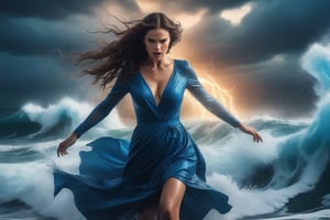 create a 8k picture of angry woman, Get out of the water, massive ocean waves, her blue dress blend in the waves, her hand splash massive waves, thunders, lightnings, fantasy style.