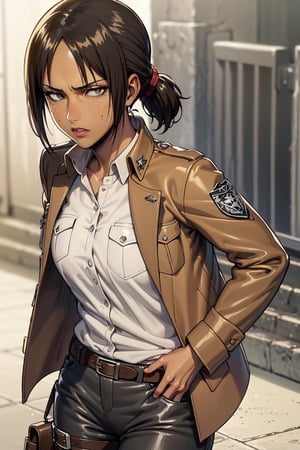 , 1girl, medium breasts,  ooking at viewer, short hair, grey eyes, upper body, Ymir , jacket, paradis military uniform, pants, shirt, brown jacket, belt, white pants, long sleeves, emblem, open jacket,  open clothes, thigh strap, boots, white shirt, collared_shirt, shirt lasterk, Attack on Titan, brown_skin,freckles, medieval, dark_skinned_female, low_ponytail, hands_in_pockets,