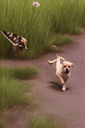 A puppy catches a butterfly in a flower bush, two butterflies are running away from the string