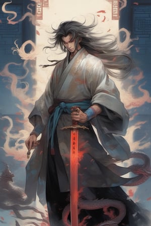 Mysterious Immortal Cultivator, from ancient China, displaying the power of a divine dragon behind him, fluttering his hair, standing on the head of a divine dragon, holding a bright red sword in his hand, with a chilling gaze