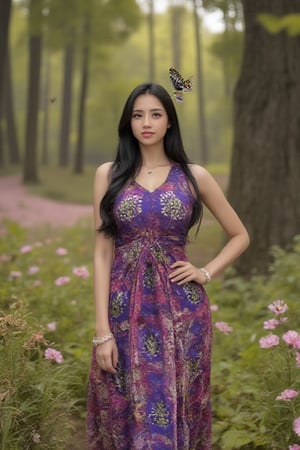 1girl, solo, long hair, looking at viewer, smile, black hair, dress, jewelry, standing, big_boobies, full body, earrings, outdoors, necklace, bracelet, butterflies, outdoors, forest, flowers, ring, realistic, long dress, corossdress, banarsi_silk_saree(multicolored,zariwork),hand on hip,hotgirl_vyvanle