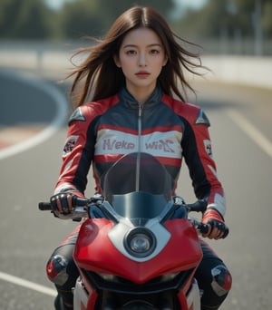 Create an ultra high-resolution (16K) photo of a dynamic and determined female motorcycle racer. She rides a sleek, modern motorcycle with vibrant colors on an intense race track. Capture her confidence through her piercing gaze and the wind-swept motion of her long hair, emphasizing movement and speed.

Her attire consists of a stylish leather racing jacket and form-fitting pants, specifically designed for high-performance racing. The outfit should reflect both functionality and style, accentuating her athleticism.

Focus on dramatic lighting that highlights both the motorcycle's sleek design and her gear's intricate details, creating striking contrasts between light and shadow. Draw inspiration from renowned sports photographers like Nigel Dennis and Darren Heath to achieve this effect. The background should be artistically blurred to emphasize the swift movement of the bike.

The composition must convey a powerful narrative through her posture and expression—balancing physical beauty with inner strength. Ensure that textures are realistic, with meticulous attention to detail in rendering skin tones, fabric grains, and metallic surfaces using AI-assisted tools.

Avoid exaggerated or unnatural poses; instead, maintain authentic dynamics that reflect real-life racing scenarios. Lighting should remain soft yet impactful to enhance the mood without overpowering the subject.

Utilize flux model technology for enhanced detail rendering, ensuring every nuance is captured with precision for an epic masterpiece.