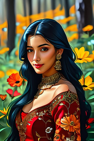 1girl, solo, long hair, looking at viewer, smile, black hair, dress, jewelry, standing, big_boobies, full body, earrings, outdoors, necklace, bracelet, butterflies, outdoors, forest, flowers, ring, realistic, long dress, corossdress, banarsi_silk_saree(multicolored,zariwork),hand on hip,