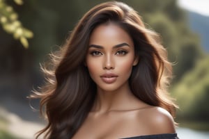 Generate hyper realistic image of a beautiful woman with long, brown hair cascading down her shoulders. Her gaze meets the viewer's eyes as she poses outdoors, wearing open, off-shoulder clothes that complement her dark skin. The realistic depiction captures the essence of her beauty, highlighting her lips and upper body against a background reminiscent of a captivating photo.