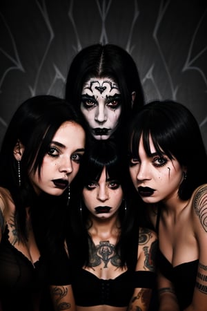 2 girls, 1 guy, posing together, emo, goth, satanic background,  piercings, tattoos, more detailes, detailed eyes, 