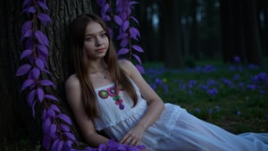 A young woman is resting against the trunk of a large oak tree, in the middle of a mystical magical forest. She is wearing a delicate muslin gown, with colorful spiral embroidery. She has long hair, beautiful eyes, and soft freckled skin. The oak tree has violet leaves that are gently drifting down around the woman. In the background, the dark forest is illuminated by bioluminescent flowers and motes of light, creating an enchanting and beautiful scene. long brown hair, expressive blue eyes.