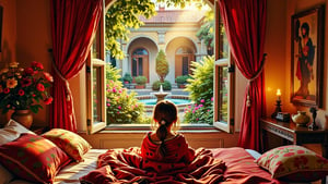 Inside a bedroom in the ancient roman era, a young girl lounges on a bed facing away, looking out an open window to a courtyard filled with flowers, ferns, and a fountain. The girl is covered in a red and gold blanket, and is surrounded by many soft pillows. It is morning, with the sunlight just illuminating the garden. A small candle lights the room.