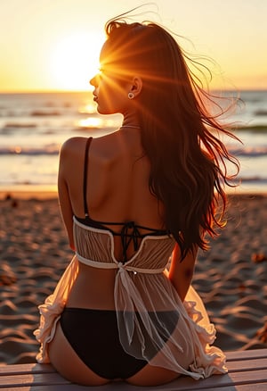 A beautiful girl sitting on a wooden bench by the beach, wearing a black bikini underneath a short sundress that is gently blowing in the wind. She looks out at the setting sun over the ocean. The picture is beautiful and elegant, and catches a moment in time.