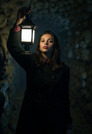 close-up of A young woman, wearing a dark overcoat, underground in a dark catacombs, holding up a lantern to see into the darkness. Darkness, creepy, atmospheric, cinematic. The background is a dark underground catacomb, filled with skulls and creepy statues. Midjourney_Whisper,