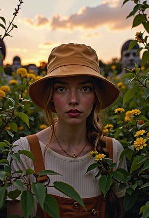 close-up of the face of A beautiful young woman exploring an overgrown garden in an english manor garden, surrounded by vines, tall flowering bushes, and mysterious statues. It is sunset, with a beautiful sky and cloud formation. The woman is wearing overals and a bucket hat, 