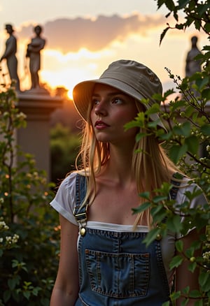 close-up of the face of A beautiful young woman exploring an overgrown garden in an english manor garden, surrounded by vines, tall flowering bushes, and mysterious statues. It is sunset, with a beautiful sky and cloud formation. The woman is wearing overals and a bucket hat, 