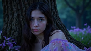 A young woman is resting against the trunk of a large oak tree, in the middle of a mystical magical forest. She is wearing a delicate muslin gown, with colorful spiral embroidery. She has long hair, beautiful eyes, and soft freckled skin. The oak tree has violet leaves that are gently drifting down around the woman. In the background, the dark forest is illuminated by bioluminescent flowers and motes of light, creating an enchanting and beautiful scene. long black hair, expressive blue eyes.