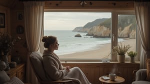 A young woman sits in a rustic yet clean and cozy cabin, looking out the window at a coastal scene of cliffs and sandy beaches. She sits comfortably in a wooden chair, wrapped in a soft blanket, with a peaceful expression as she gazes at the ocean view.

Soft natural light streams through the window, illuminating her relaxed posture and creating a serene, intimate atmosphere in the cabin.

The room is decorated with simple wooden furniture, a small table with a steaming mug, and gentle, neutral tones, enhancing the cozy, lived-in feel of the space.

The color palette combines warm wooden textures of the cabin with the soft blues and sandy tones of the coastal view, creating a tranquil, inviting setting that captures the beauty of a quiet, reflective moment by the sea.,3mr4