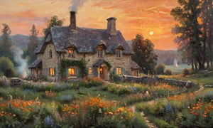 impressionist painting A cosy homestead suits in a field of wildflowers, surrounded by a thick, but pleasant forest. The homestead is a traditional stone house, with a smoking chimney and a tiled roof. At dusk, with a gorgeous orange sunset.,impressionist painting,dark,Enhance