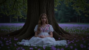 A young woman is resting against the trunk of a large oak tree, in the middle of a mystical magical forest. She is wearing a delicate muslin gown, with colorful spiral embroidery. She has long hair, beautiful eyes, and soft freckled skin. The oak tree has violet leaves that are gently drifting down around the woman. In the background, the dark forest is illuminated by bioluminescent flowers and motes of light, creating an enchanting and beautiful scene.,3mr4