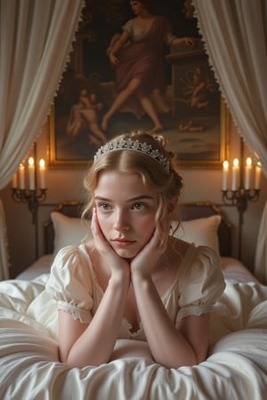 A beautiful girllaying on her front on a soft bed in a bedroom in ancient rome, with the room lit with many candles. She is wearing a silver tiara, and a delicate gown made from simple white cloth. The room is decorated with painted fresco walls, and soft sheer curtains cascading down from the ceiling.,3mr4