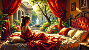 Inside a bedroom in the ancient roman era, a young girl lounges on a bed, looking out an open window to a courtyard filled with flowers, ferns, and a fountain. The girl is covered in a red and gold blanket, and is surrounded by many soft pillows. It is morning, with the sunlight just illuminating the garden. A small candle lights the room.