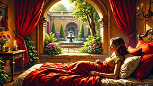 Inside a bedroom in the ancient roman era, a young girl lounges on a bed facing away, looking out an open window to a courtyard filled with flowers, ferns, and a fountain. The girl is covered in a red and gold blanket, and is surrounded by many soft pillows. It is morning, with the sunlight just illuminating the garden. A small candle lights the room.,kaya,woman