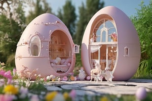Let it be a house made of an egg, with doors and windows and shutters. Let it be two-storey and have a terrace. Have a variety of pastel colors,egg