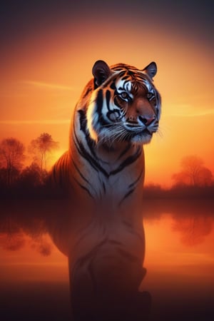 silhouette of a tiger, not a human. Tiger inside sunset, masterpiece, DOUBLE EXPOSURE