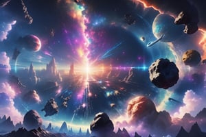 The image features a magnificent space view. Under an endless sky, planets and asteroids lie among stars and galaxies that shine in various colors. Each of these planets has a different structure and atmosphere.

As spaceships navigate this colorful and dynamic landscape, each ship is designed for a different mission. Some ships are used for exploration purposes to study the surfaces of planets and collect scientific data, while others engage in activities such as mining or space trading for commercial purposes.

The design of the ships is high-tech and has all the equipment necessary for long-term travel in space. Additionally, ships have facilities such as life support systems, rest areas, laboratories and communication centers.

While spaceships communicate with each other and carry out their exploration and commercial activities, they also set out to explore the mystery and depths of space.

This visual design reflects humanity's desire to explore space using advanced technology, while presenting an atmosphere full of discovery and adventure in the infinity of space.
