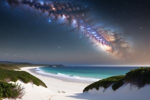 A beachside, white beaches, thousands of stars in the sky, the Milky Way, light bushes around them
