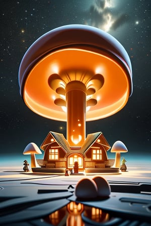 In a space with many planets, a small girl lives in cute little MUSHROOM-SHAPED HOUSES.  SHE IS AN ORANGE COLORED GIRL, surrounded by space.