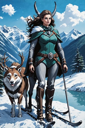 Create a spectacular work of art featuring the silhouette of Skadi, the Norse goddess of winter, skiing and hunting, with a backdrop of snow-capped mountains and icy fjords. Include Skadi's form: Her fierce, determined expression, adorned with a winter cape and fur-lined boots A pair of skis and a bow, symbolizing her prowess in both winter sports and hunting Wavy hair blending into the snowy landscape Skadi's silhouette includes wild winter landscapes, hunting Describe travels and tranquil snowy landscapes: Hikers and hunters navigating snow-covered forests and mountainous terrain Wildlife such as reindeer and wolves thriving in the icy environment Frozen lakes and sparkling snowflakes create a tranquil but harsh winter landscape A color palette that blends: Winter and Icy blues and vivid whites representing cold Deep silvers and grays symbolizing strength and endurance Hints of emerald green for evergreen forests and natural beauty The overall composition should convey strength and harmony with nature, emphasizing Skadi's role as a formidable character. The goddess who managed to survive in the harshest winter conditions. Combine artistic styles inspired by Norse epic illustrations and contemporary Alpine art with vibrant, twinkling light effects to enhance the majestic and serene atmosphere. Symbolizing endurance, hunting skills and the beauty of winter.