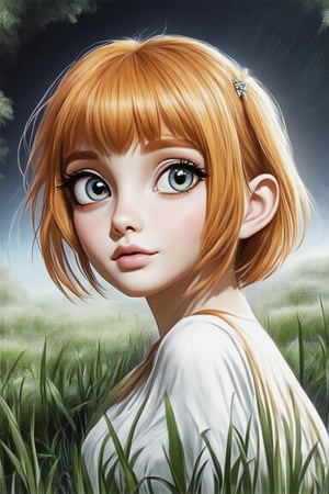 hyperrealistic digital painting by J. Scott Campbell and Thomas Saliot and Jeremiah Ketner and Lois van Baarle, lifelike anime, incredibly detailed, bokeh, ultra realistic, 8k, incredibly cute ginger girl, freckles, skin inperfections, staring at viewer,(super close-up shot:1.5), (side on:1.5),(focus on eyes:1.3), hair over eyes, depth of field focus,suspended dust particles in air