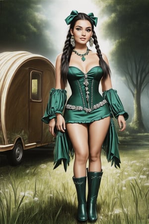 long shot, head to toe portrait, this is a highly detailed, high-resolution photograph of a young Irish gypsy tinker woman dressed in a striking, elaborate gypsy boho outfit. she has a sweet innocent face and smile. behind her is her gypsy camping caravan in a beautiful lush irish wooded forest. The woman has pale skin and extremely long black hair in eleaborate braids and buns. Her eyes are large and round and striking emerald green color, she has a symmetrical face. she has freckles and rosy cheeks and is naturally beautiful. Her costume is a fantasy-inspired elaborate gypsy boho outfit with patterned and delicate fabrics, corset, and boots. bows, feathers and flowers decorate her hair. elaborate long boho earrings and necklace. the woman is standing next to her caravan at her camp site. the picture evokes a sense of fantasy..Have VERY vibrant colors