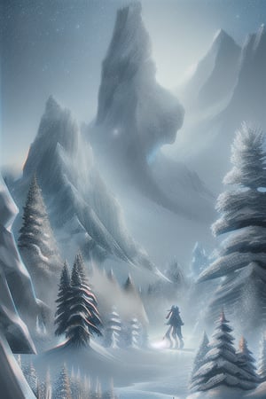 Create a spectacular work of art featuring the silhouette of Skadi, the Norse goddess of winter, skiing and hunting, with a backdrop of snow-capped mountains and icy fjords. Include Skadi's form: Her fierce, determined expression, adorned with a winter cape and fur-lined boots A pair of skis and a bow, symbolizing her prowess in both winter sports and hunting Wavy hair blending into the snowy landscape Skadi's silhouette includes wild winter landscapes, hunting Describe travels and tranquil snowy landscapes: Hikers and hunters navigating snow-covered forests and mountainous terrain Wildlife such as reindeer and wolves thriving in the icy environment Frozen lakes and sparkling snowflakes create a tranquil but harsh winter landscape A color palette that blends: Winter and Icy blues and vivid whites representing cold Deep silvers and grays symbolizing strength and endurance Hints of emerald green for evergreen forests and natural beauty The overall composition should convey strength and harmony with nature, emphasizing Skadi's role as a formidable character. The goddess who managed to survive in the harshest winter conditions. Combine artistic styles inspired by Norse epic illustrations and contemporary Alpine art with vibrant, twinkling light effects to enhance the majestic and serene atmosphere. Symbolizing endurance, hunting skills and the beauty of winter.
